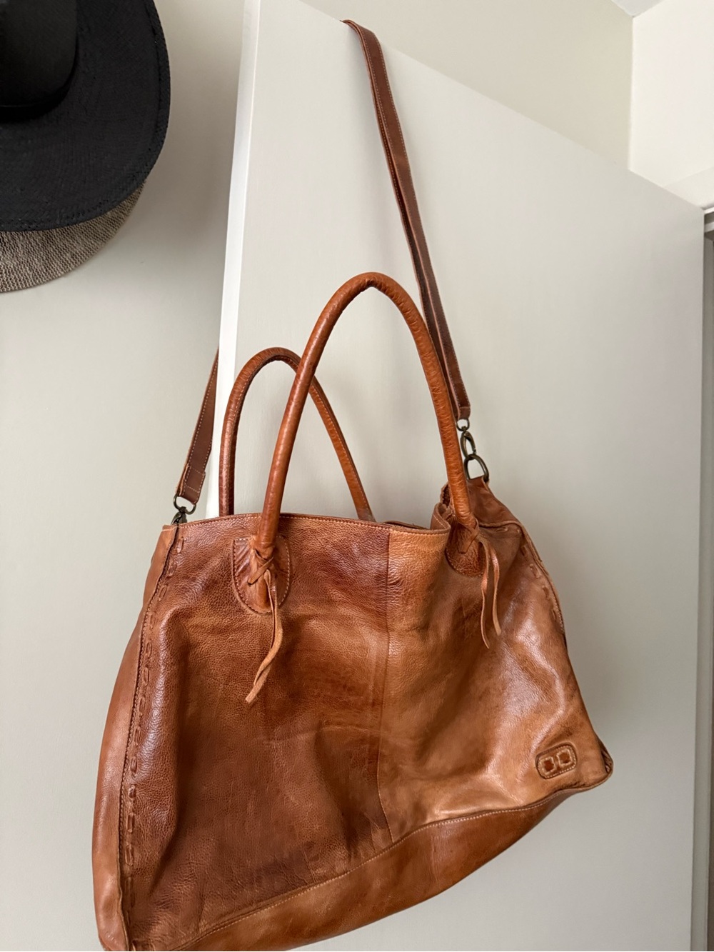 Bed Stu Cognac Leather Tote with Dual Handles and Crossbody Strap